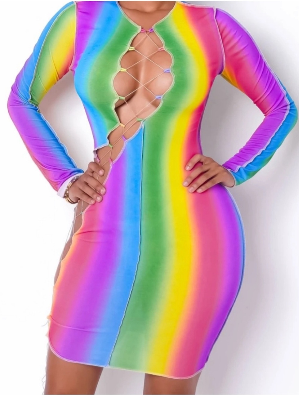 Cherie Rainbow Lace-Up Bodycon Dress - Multicolor. Rave. Dopamine. Made in USA M